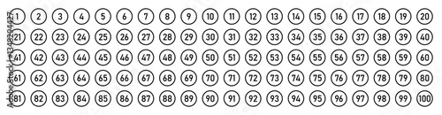 Set of 1 to 100 numbers simple design. Typography set of rounds 1 to 100 Numbers. Bullet point number collection. Numeral typographic outline and flat icons set. Isolated vector illustration.