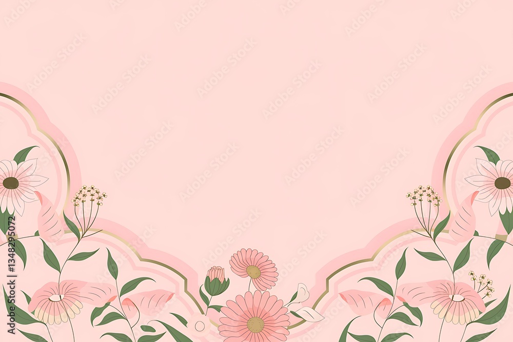 A soft pink background features a delicate border of pink flowers and green leaves. Elegant, minimalist floral design, perfect for invitations or cards. A soft pink background features a delicate border of pink flowers and green leaves. Elegant, minimalist floral design, perfect for invitations or cards.