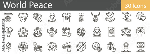 World Peace Line Icons Collection. Harmony, Unity, Global Cooperation, and Human Rights Symbols. Editable Stroke, Vector Illustration.
