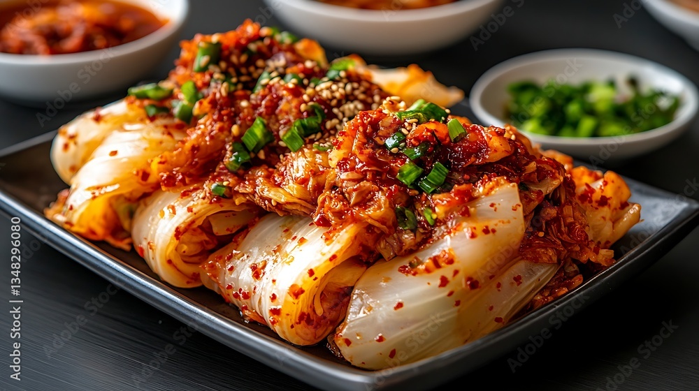 A close-up of napa cabbage kimchi with red pepper paste. A close-up of napa cabbage kimchi with red pepper paste.