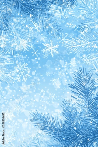 Frozen Pine Branches and Delicate Snowflakes Falling