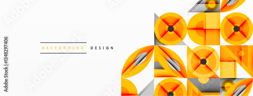 Geometric abstract composition with intersecting shapes, circles, triangles, and gradients, blending vibrant colors and dynamic contrasts to create a modern, futuristic visual design