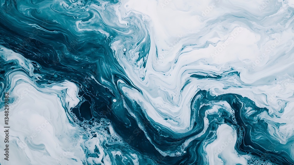 Naklejka premium A mesmerizing abstract pattern of swirling teal and white hues, evoking fluidity and artistic expression in its dynamic design.
