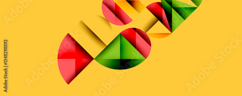 Abstract geometric background with layered gradient shapes forming dynamic patterns. Overlapping semi circles and triangles create depth and contrast