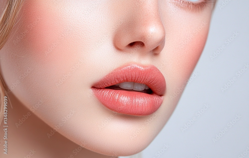 Obraz premium Beautiful female face in close-up, with beautiful lips and skin on a white background. High resolution photography, high detail, aesthetic professional photo, hyperrealistic portrait of an attractive 