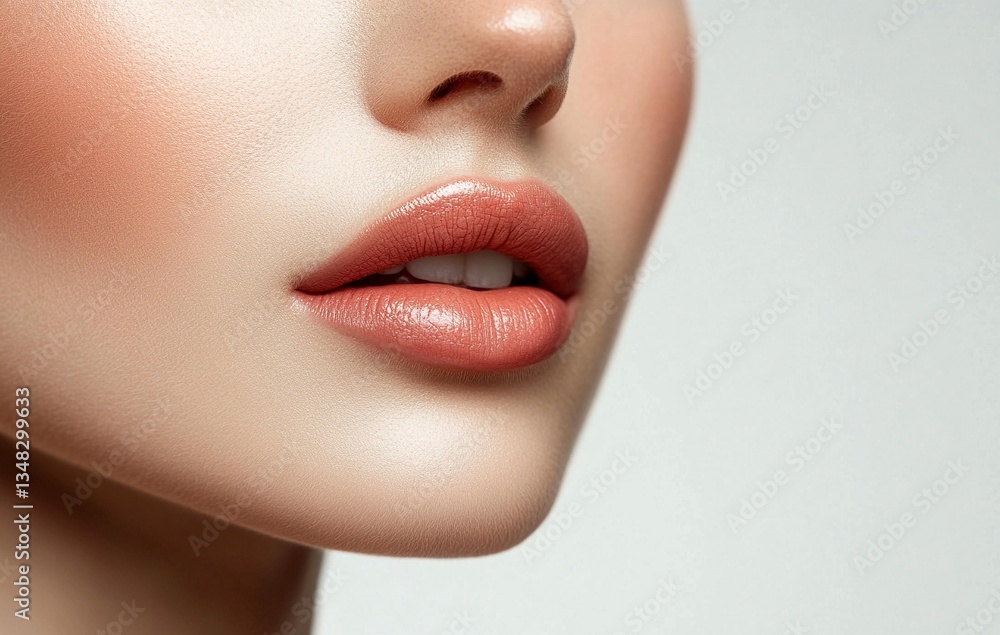 Obraz premium Beautiful female face in close-up, with beautiful lips and skin on a white background. High resolution photography, high detail, aesthetic professional photo, hyperrealistic portrait of an attractive 