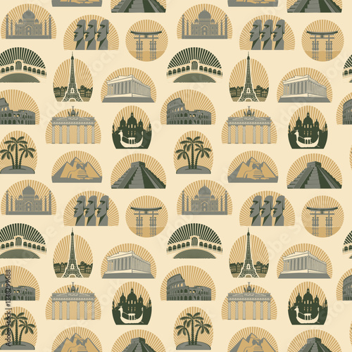 Vector seamless pattern with various world sights. Decorative background on a travel theme with famous architectural landmarks. Suitable for wallpaper, wrapping paper in retro style