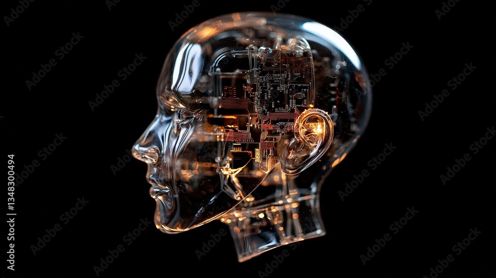 A transparent robotic head reveals intricate circuitry and glowing components against a stark black background showcasing artificial ligence and technological advancement. A transparent robotic head reveals intricate circuitry and glowing components against a stark black background showcasing artificial ligence and technological advancement.