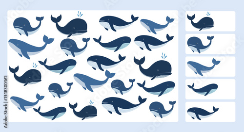 Vector educational game I Spy with whales. Count how many pictures of fish are hidden in the illustration. Perfect for kids learning activities, worksheets, or apps.