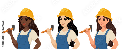 Vector portrait collection of female workers in helmets with hammer. Set of builders of different nationalities. Construction professionals in cartoon flat style