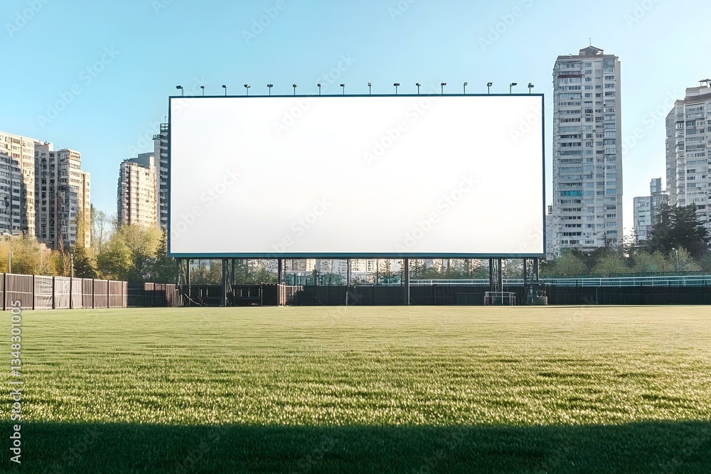 Obraz premium Blank Billboard at Soccer Field with City Backdrop for Modern Advertising Display