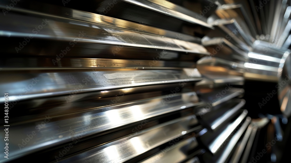 Close-up view of a shiny metallic turbine blade showcasing intricate details and reflections Close-up view of a shiny metallic turbine blade showcasing intricate details and reflections