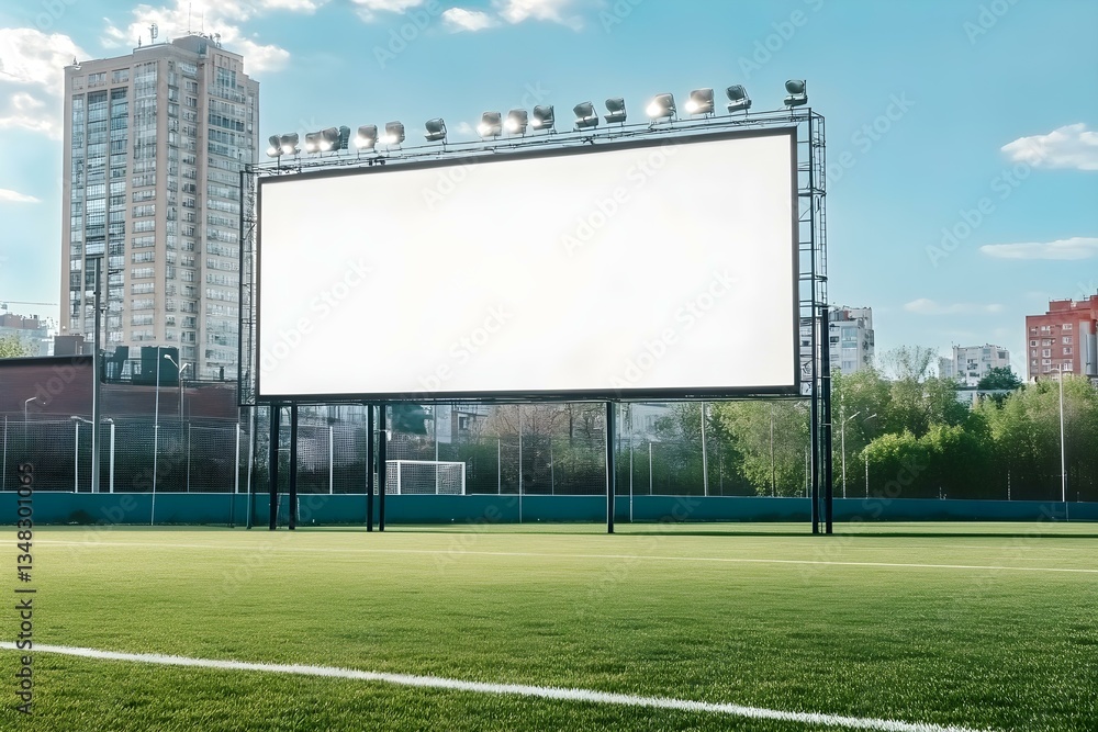 Fototapeta premium Blank Billboard at Soccer Field with City Backdrop for Modern Advertising Display