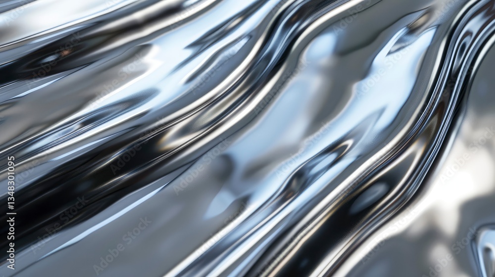 Reflective metallic surface with flowing waves, showcasing light reflections and abstract patterns Reflective metallic surface with flowing waves, showcasing light reflections and abstract patterns