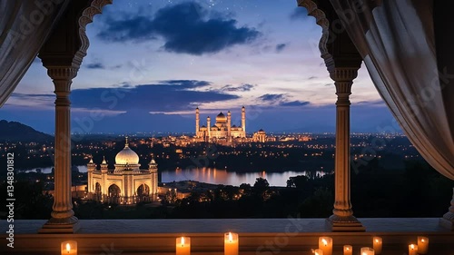Magnificent Taj Mahal Scenery at twilight viewed from an ornate Balcony with candles