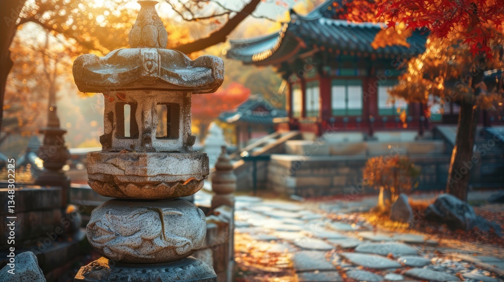 Fototapeta premium Serene autumn scene featuring a traditional stone lantern and a vibrant temple surrounded by colorful foliage