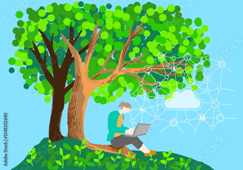 新時代の働き方、自然の中でnetで仕事をする女性