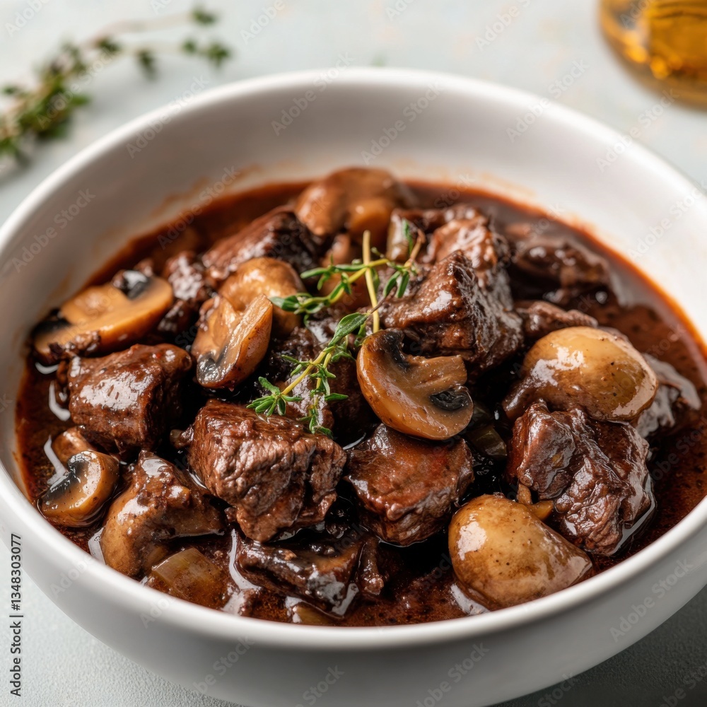 A rich and savory beef bourguignon with tender beef chunks, mushrooms, and red wine sauce A rich and savory beef bourguignon with tender beef chunks, mushrooms, and red wine sauce