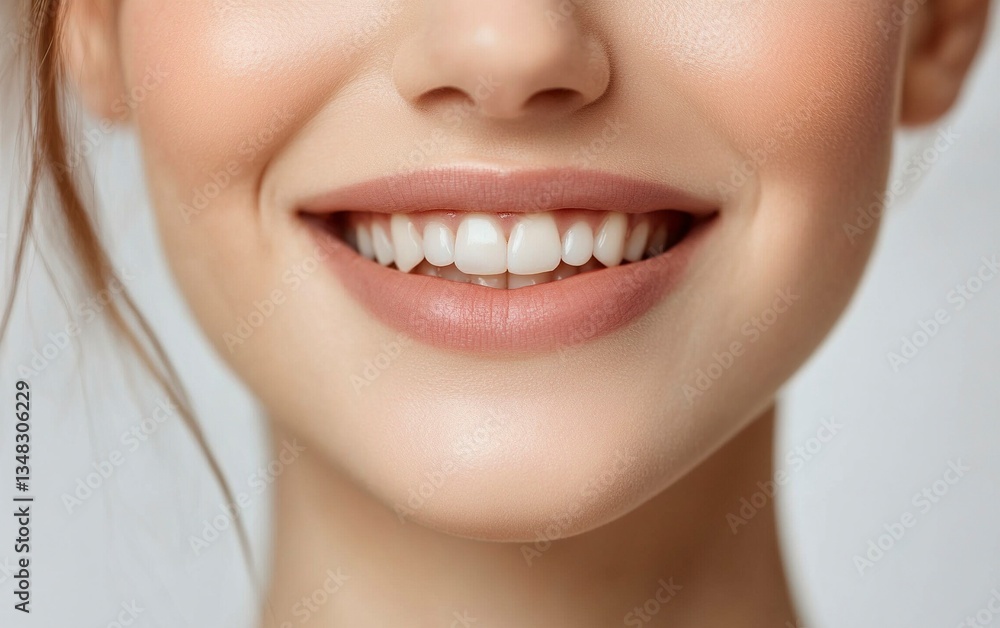 Fototapeta premium Close-up of a beautiful woman's face with lip fillers on her lips, smiling. The focus is just above the mouth, The background is neutral, with natural lighting, and the image is a professional photo