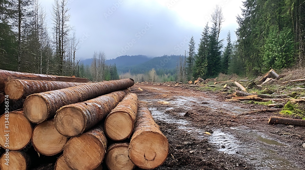 Logging in the Pacific Northwest: A Stack of Logs Against a Background of Deforested Land Logging in the Pacific Northwest: A Stack of Logs Against a Background of Deforested Land