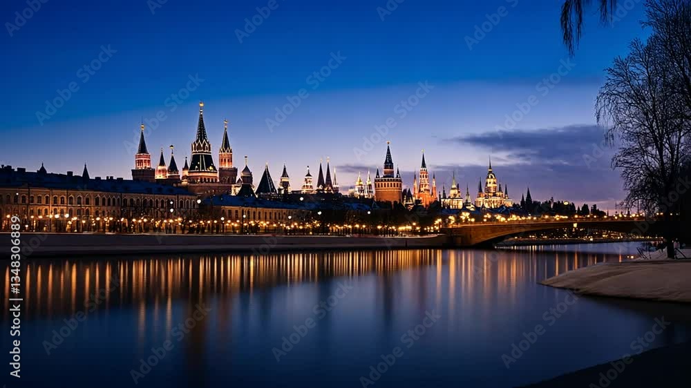 Majestic Moscow Skyline at Twilight Reflecting in the Moskva River's Calm Waters Majestic Moscow Skyline at Twilight Reflecting in the Moskva River's Calm Waters