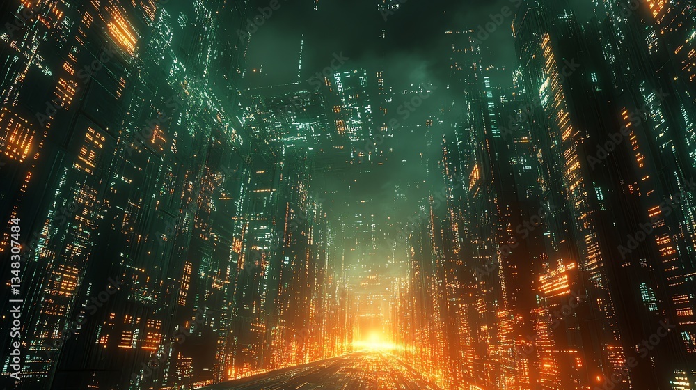 Fototapeta premium Futuristic Cityscape with Glowing Lights and Dark Atmosphere Sci-fi View