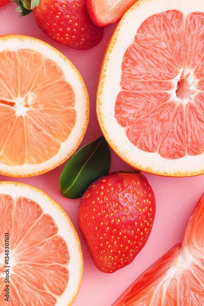 Vibrant Citrus Slices and Ripe Strawberries on Pink Surface Vibrant Citrus Slices and Ripe Strawberries on Pink Surface