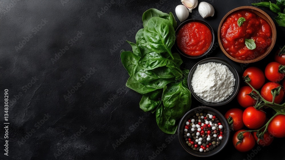 Fresh, assorted pizza ingredients displayed on a dark surface Fresh, assorted pizza ingredients displayed on a dark surface