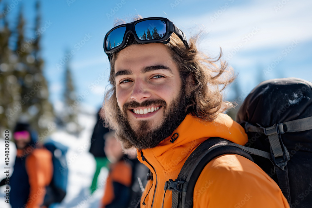 A man is submitting images of his hobby to a website. The subject is wearing an orange jacket and backpack and smiling in a snowy landscape A man is submitting images of his hobby to a website. The subject is wearing an orange jacket and backpack and smiling in a snowy landscape