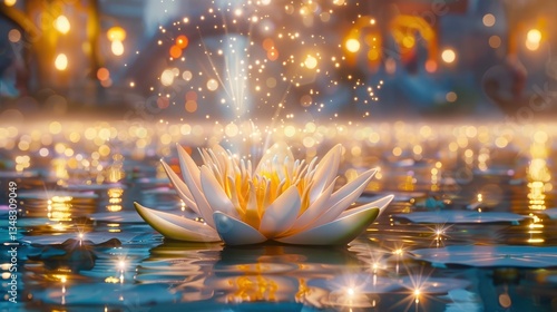 Wallpaper Mural Enchanting water lily blooming in a serene pond with sparkling lights and reflections at dusk Torontodigital.ca