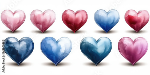 Unique romantic watercolor heart icon set on white background emotive design artistic style