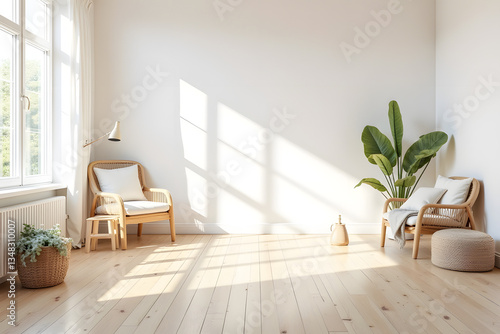 Bright and airy living space with rattan chairs, a plant, and natural light streaming through windows
