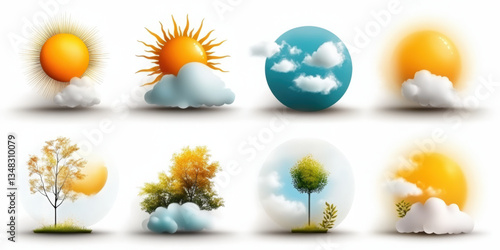 Unique minimalist watercolor icon set featuring sun clouds trees on white background