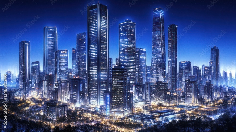 Obraz premium A panoramic view of a modern city skyline at night, showcasing towering skyscrapers illuminated by bright lights