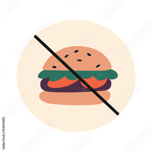 Round warning icon with crossed out hamburger doodle. Vector illustration on healthy lifestyle, no fast food, junk food restriction, unhealthy eating awareness, prohibition sign in flat cartoon style