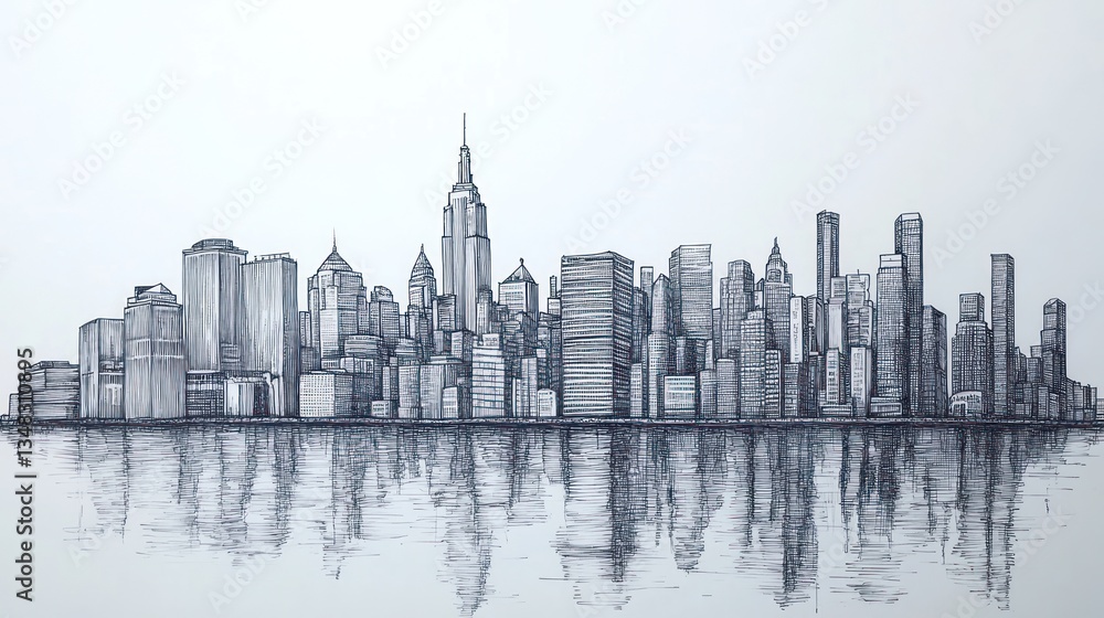 Fototapeta premium Pen and Ink Skyline: A Detailed Cityscape Drawing