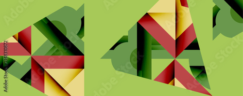 Abstract geometric artwork with interwoven angular and curved shapes, dynamic composition with smooth gradients and bold contrasts