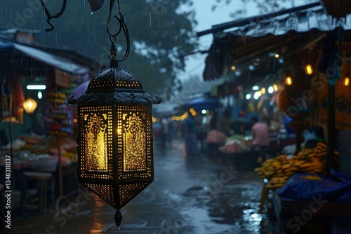Lantern illuminating a rainy market scene with vendors and shoppers engaged in trade at dusk