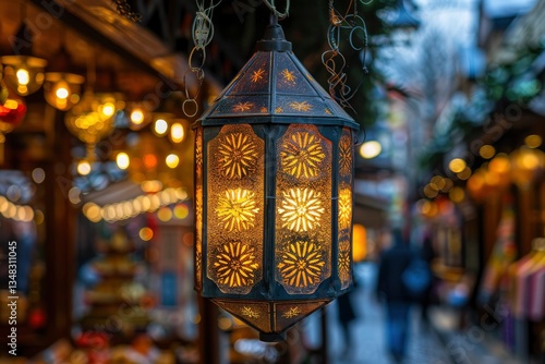 Ornate lantern illuminating a bustling market street, with blurred shoppers and festive decorations