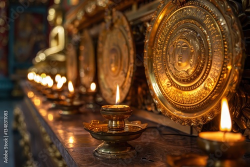 Golden oil lamps illuminated on a decorative altar in a serene temple setting, creating a spiritual ambiance