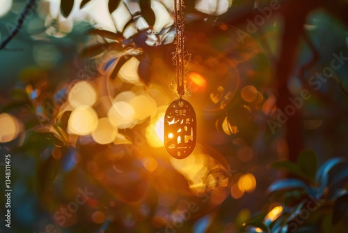 A delicate pendant hanging from a branch, illuminated by soft sunlight filtering through leaves