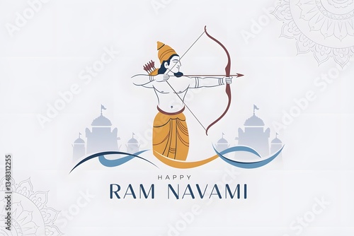 Happy Ram Navami illustration of Lord Rama aiming an arrow. 