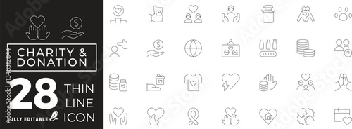 Charity & Donation Icon set of web and mobile in thin line style. Helping hand Icons & Symbols Containing help, caring, solidarity, alms, donate, volunteer, care and more
