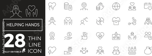Helping hand Icon set of web and mobile in thin line style. Charity & Donation Icons & Symbols Containing help, caring, solidarity, alms, donate, volunteer, care and more