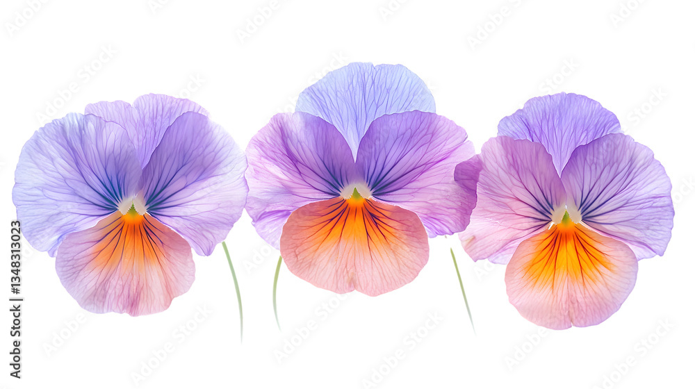 Fototapeta premium Row Of Pastel Pansy Flowers With Orange Centers On Black Background