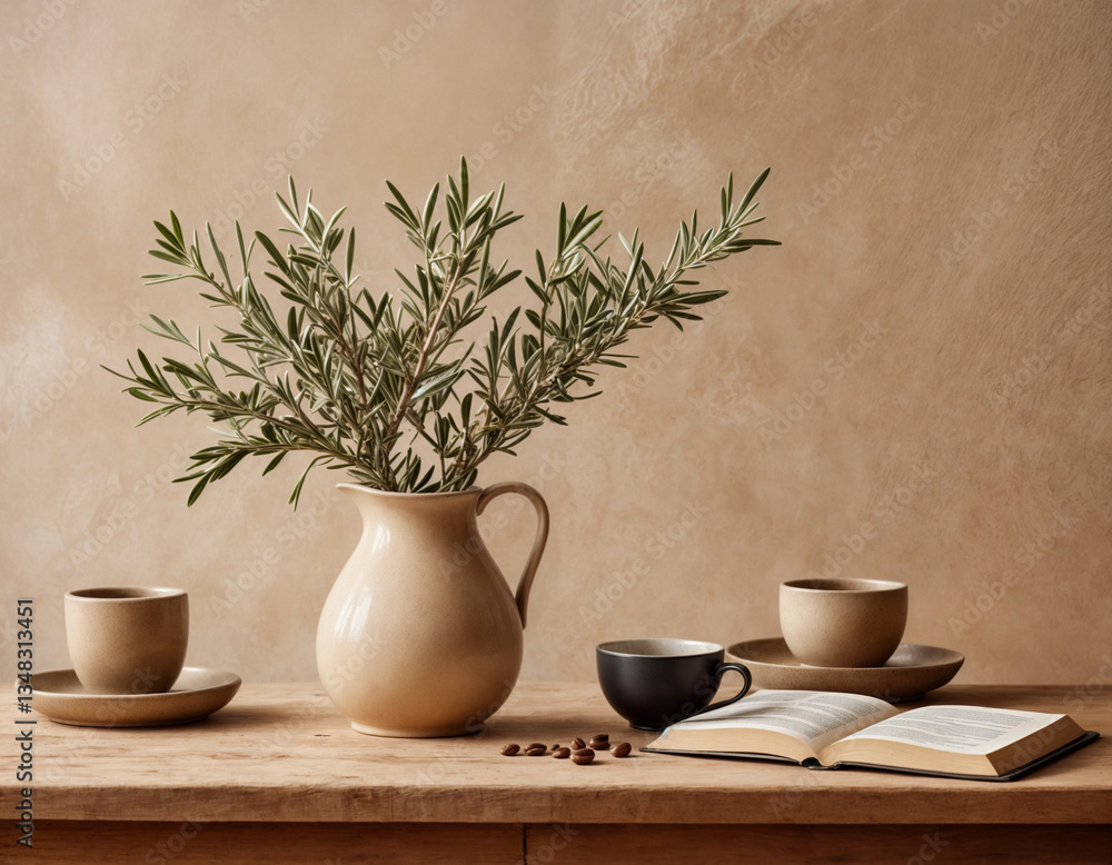Sage green ceramic vase and a small eucalyptus branch with soft shadows against a warm toned wall on a wooden table, minimal still life as product background, copy space, selected focus Sage green ceramic vase and a small eucalyptus branch with soft shadows against a warm toned wall on a wooden table, minimal still life as product background, copy space, selected focus