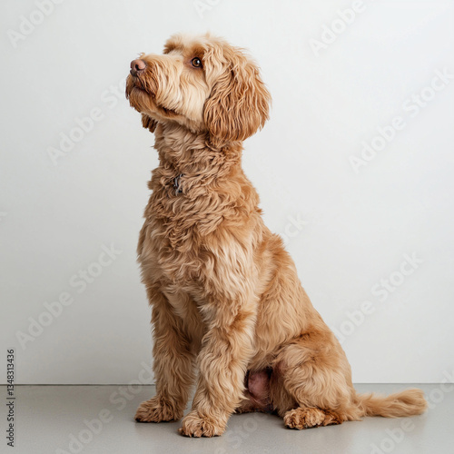 An animal stock image of a tan-colored Goldendoodle is shown seated. The animal image is categorized for 