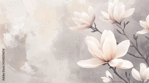 A delicate arrangement of white magnolia blossoms with soft pastel hues against a textured gray background