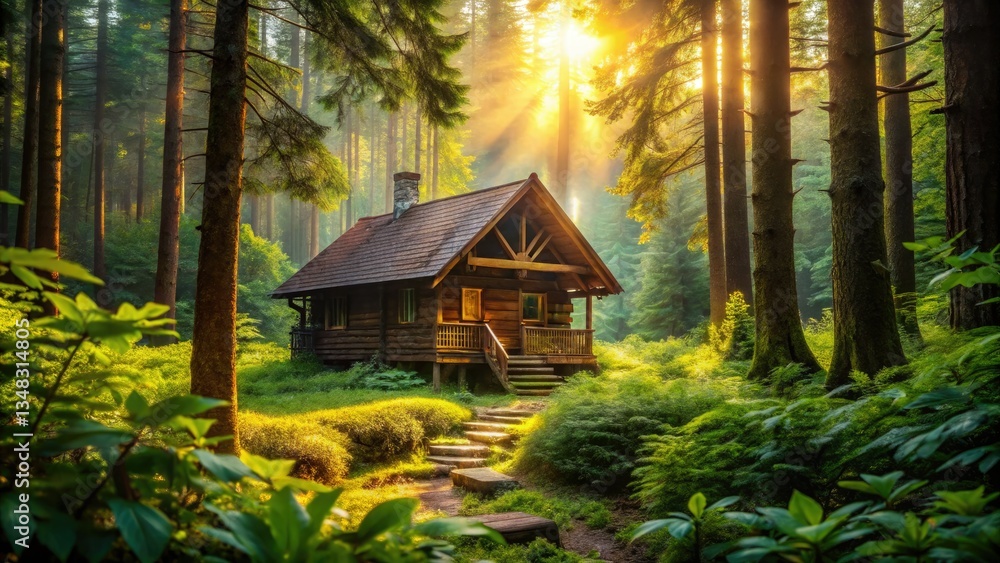 Rustic wooden cabin nestled deep within a tranquil forest, captured in stunning high-resolution. Rustic wooden cabin nestled deep within a tranquil forest, captured in stunning high-resolution.