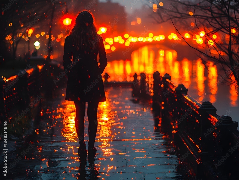 A contemplative woman stands on a glowing bridge her face softly lit by the city s reflections on the water below A contemplative woman stands on a glowing bridge her face softly lit by the city s reflections on the water below